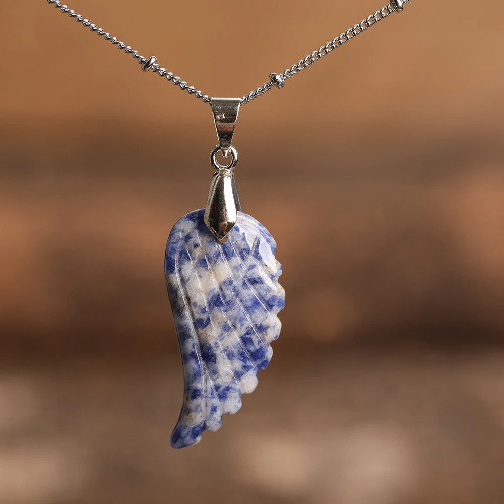 Quartz Crystal Angel Wing Pendant Necklace Sodalite