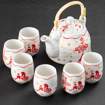 White Porcelain Large Tea Set With Strainer, Japanese Style Handle Pot, One Pot And Six Cups F