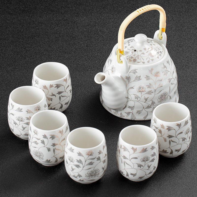 White Porcelain Large Tea Set With Strainer, Japanese Style Handle Pot, One Pot And Six Cups A