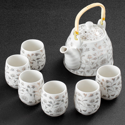 White Porcelain Large Tea Set With Strainer, Japanese Style Handle Pot, One Pot And Six Cups A