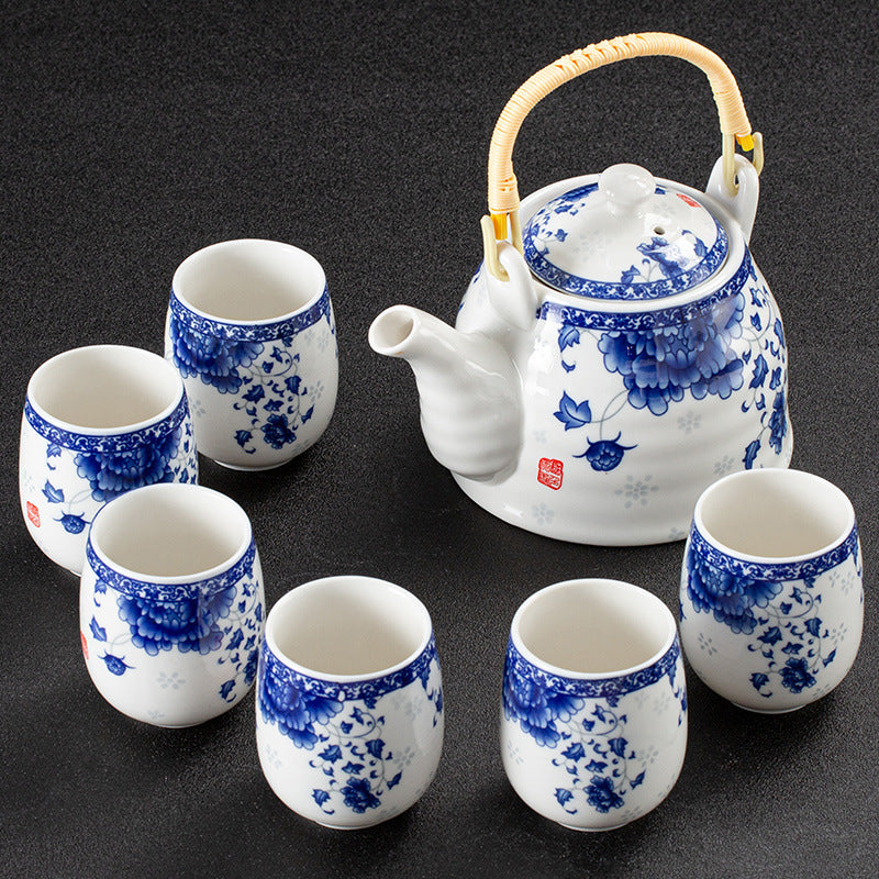 White Porcelain Large Tea Set With Strainer, Japanese Style Handle Pot, One Pot And Six Cups C