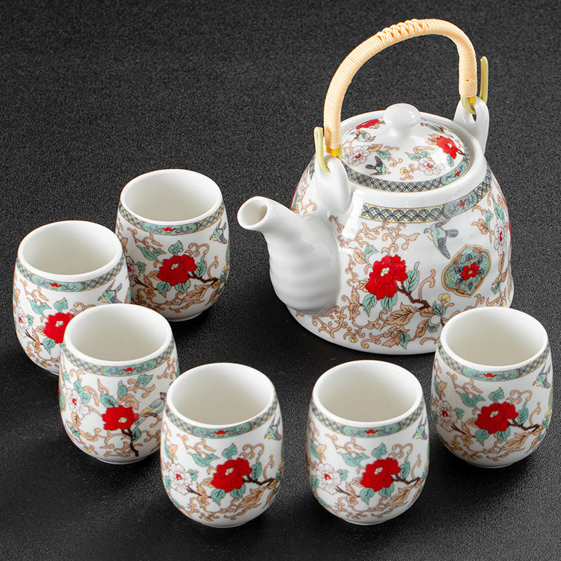 White Porcelain Large Tea Set With Strainer, Japanese Style Handle Pot, One Pot And Six Cups E