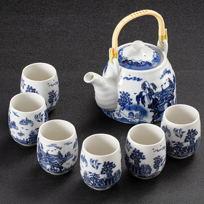 White Porcelain Large Tea Set With Strainer, Japanese Style Handle Pot, One Pot And Six Cups D