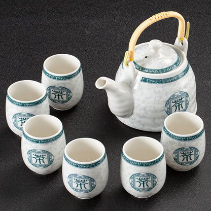 White Porcelain Large Tea Set With Strainer, Japanese Style Handle Pot, One Pot And Six Cups H