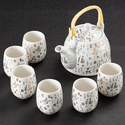 White Porcelain Large Tea Set With Strainer, Japanese Style Handle Pot, One Pot And Six Cups B