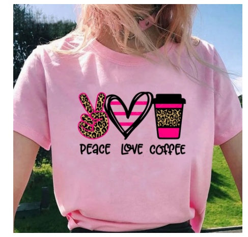 Peace- Love -Coffee Print Short Sleeved Round Neck T-shirt