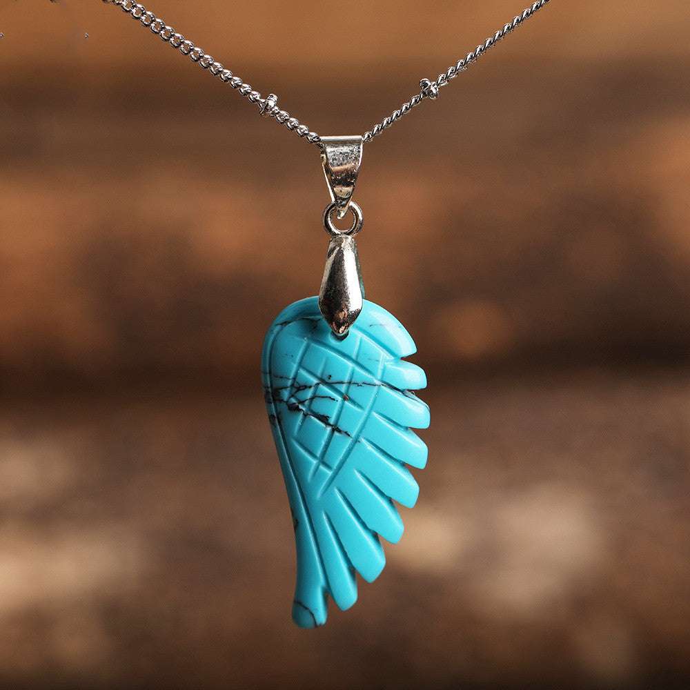 Quartz Crystal Angel Wing Pendant Necklace Blue Turquoise