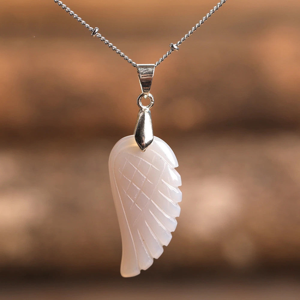 Quartz Crystal Angel Wing Pendant Necklace Grey Agate