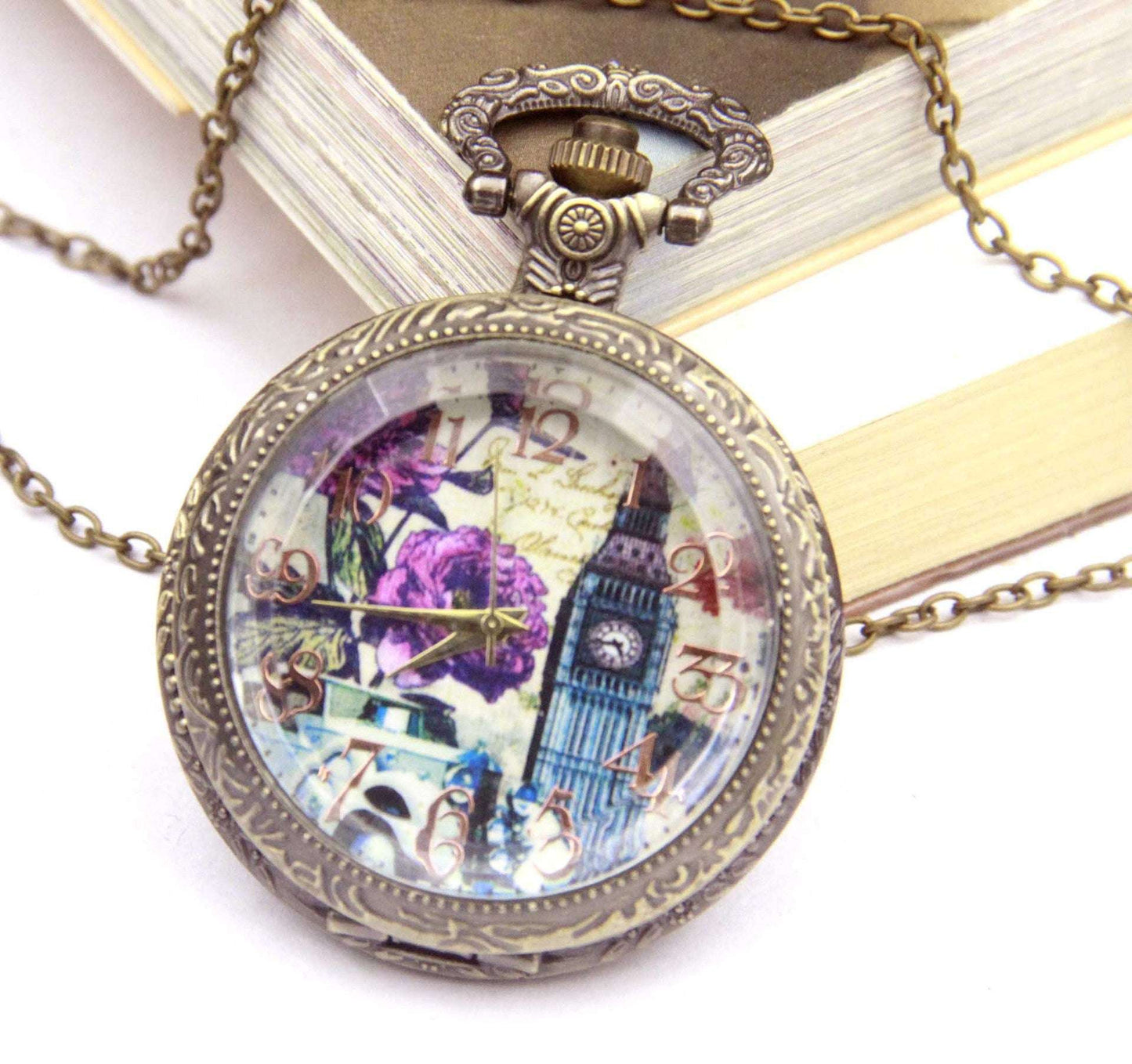 Retro Rose Clock Tower Pocket Watch Necklace