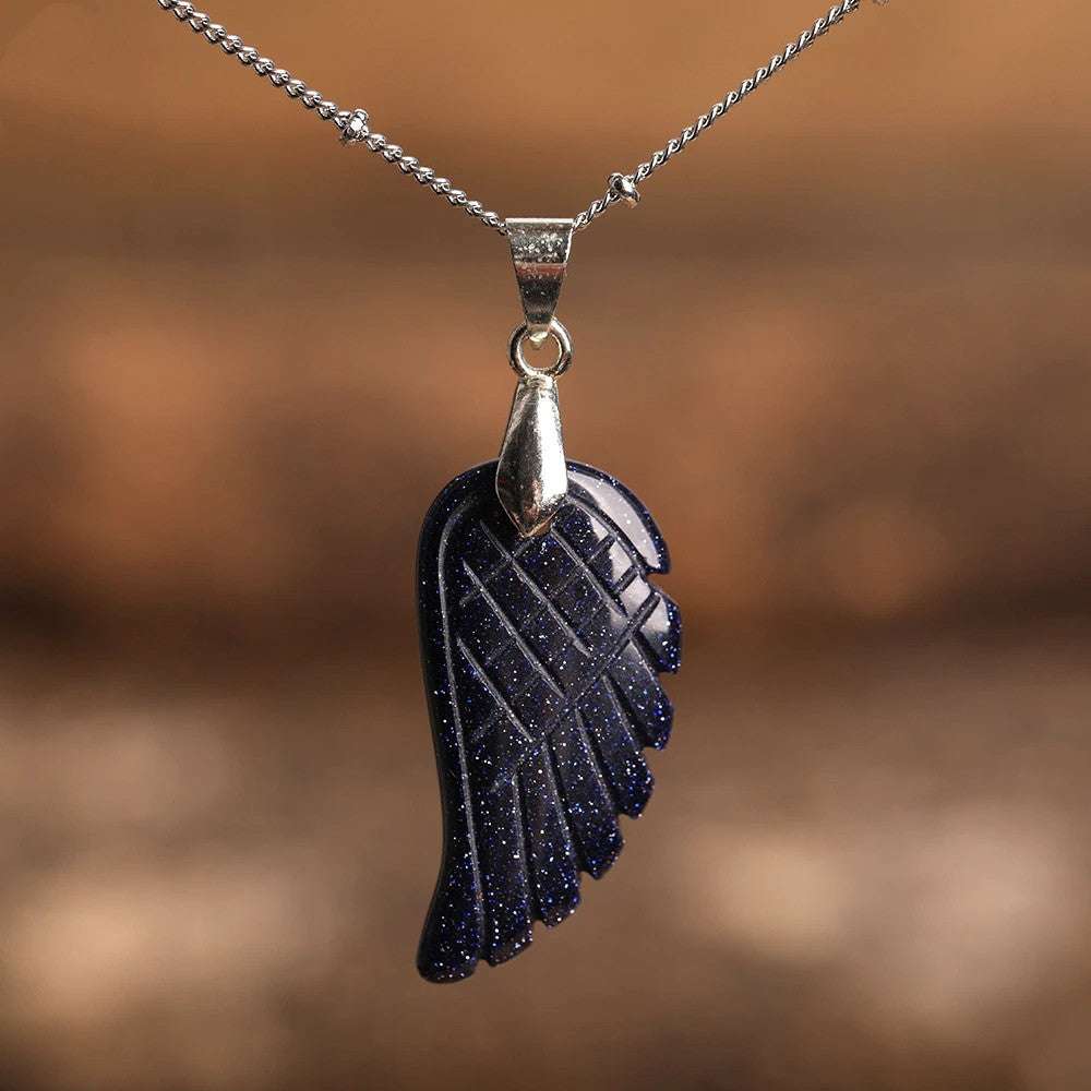 Quartz Crystal Angel Wing Pendant Necklace Blue Goldstone