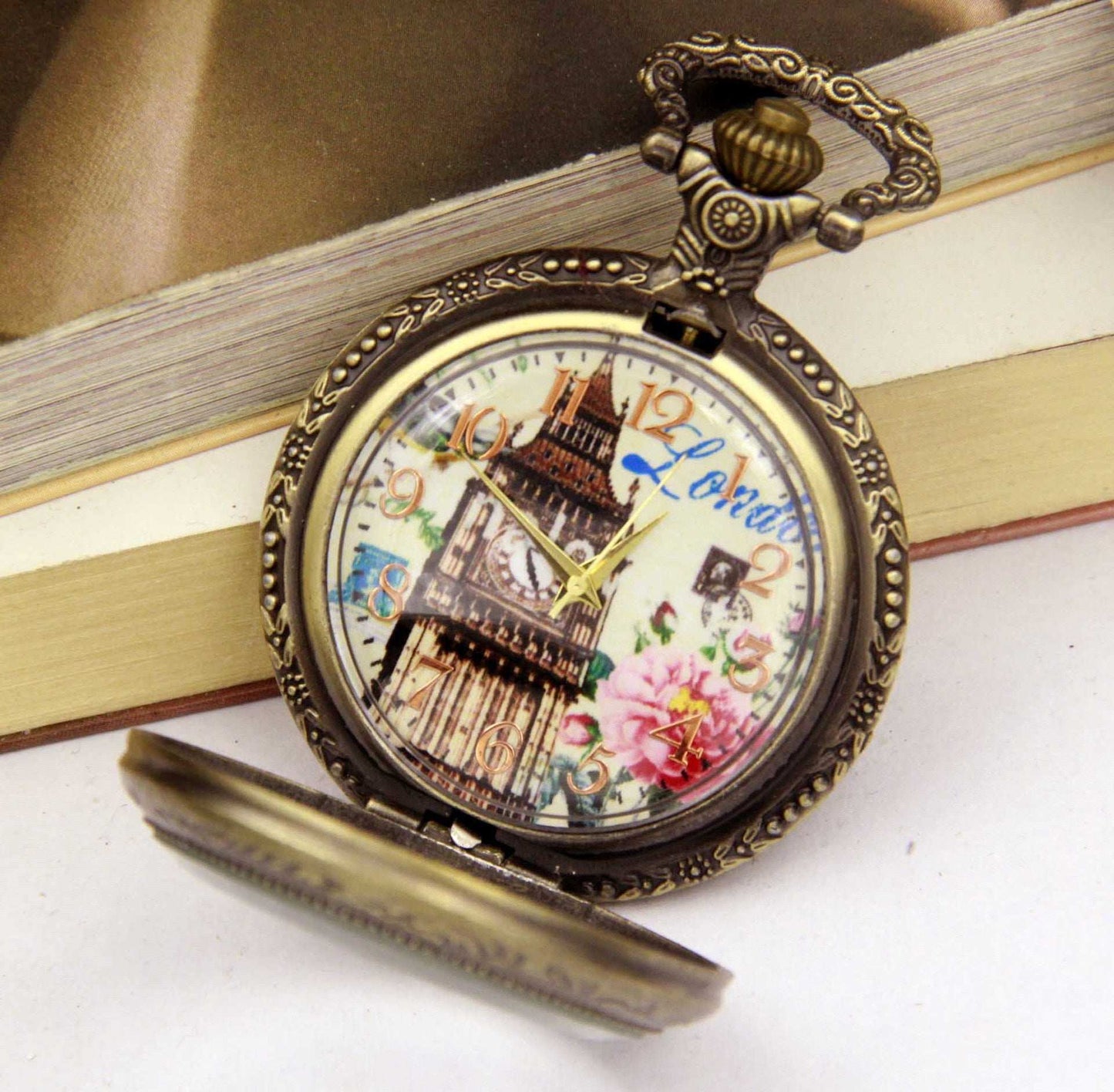 Retro Rose Clock Tower Pocket Watch Necklace