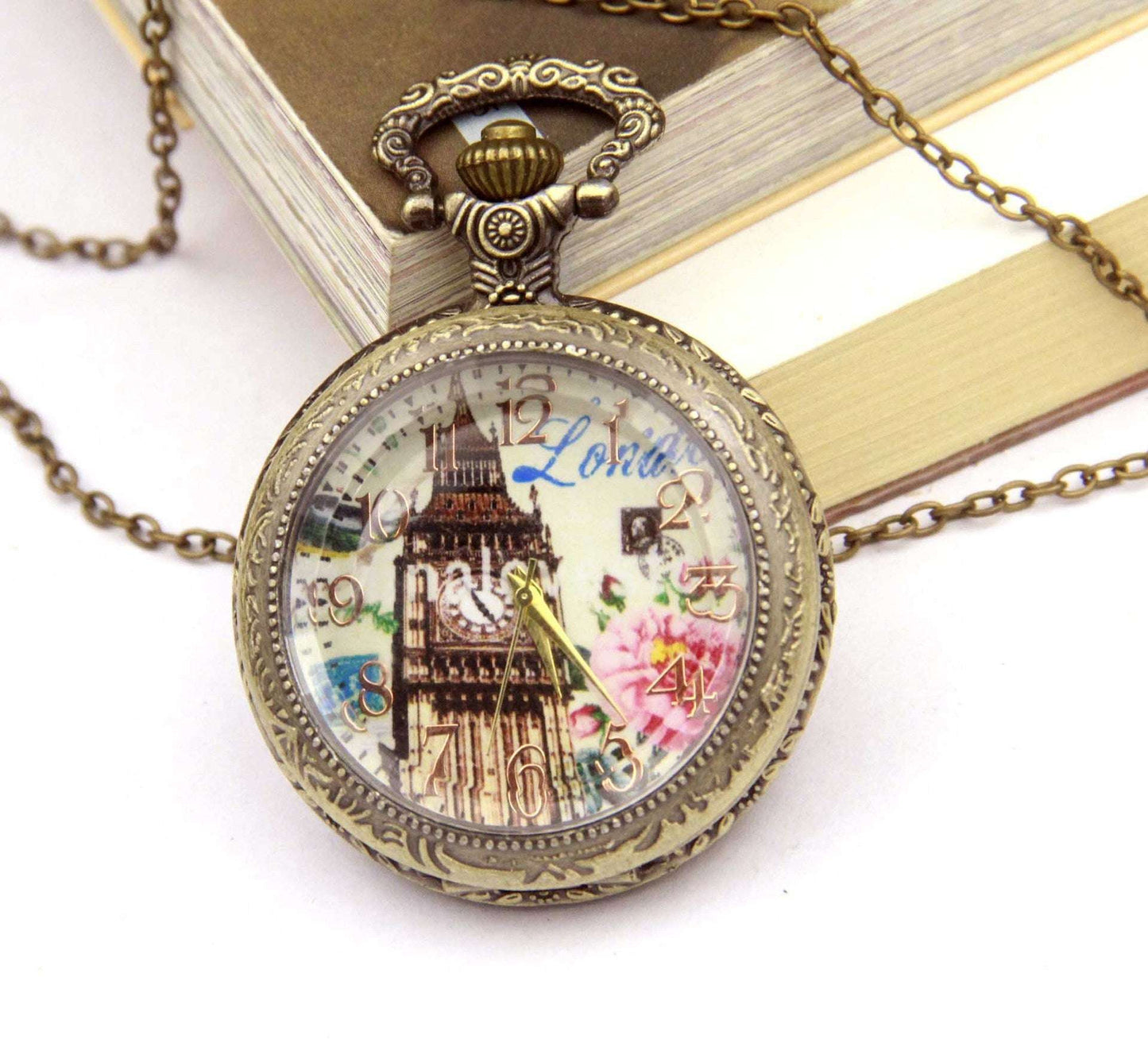 Retro Rose Clock Tower Pocket Watch Necklace