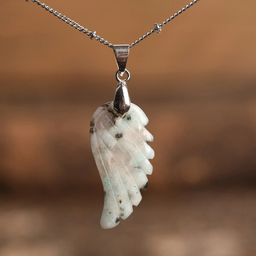 Quartz Crystal Angel Wing Pendant Necklace Blue Spot Jasper