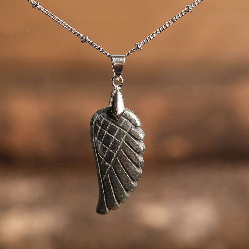 Quartz Crystal Angel Wing Pendant Necklace Iron Pyrite