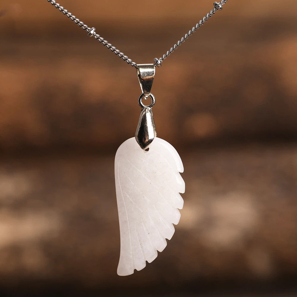 Quartz Crystal Angel Wing Pendant Necklace White Jade