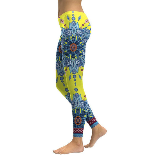 Yellow Blue Starburst Mandala Flower Yoga Workout Leggings