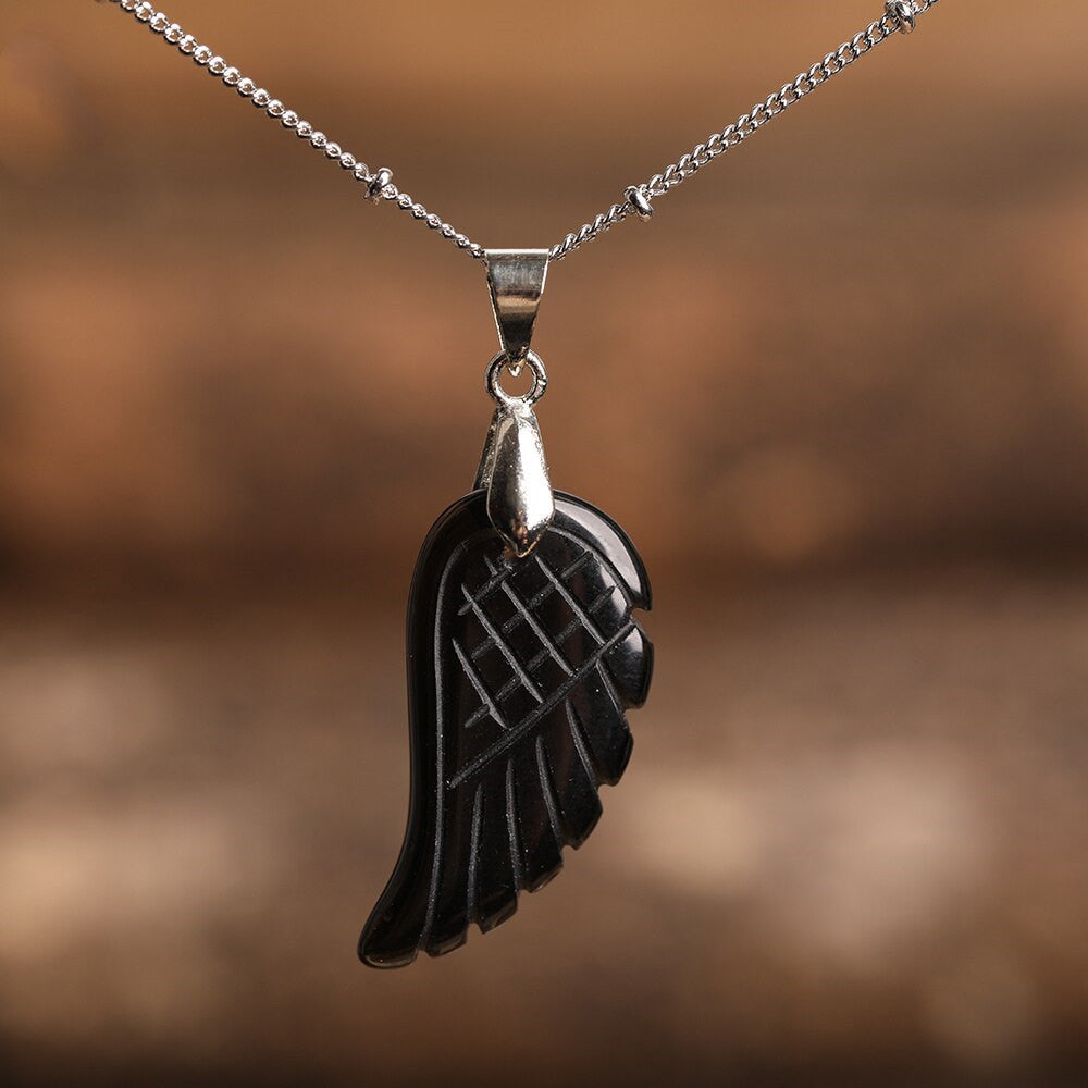 Quartz Crystal Angel Wing Pendant Necklace Black Agate