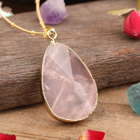 Gemstone Waterdrop Pendant/ Necklace Pink Quartz Gold