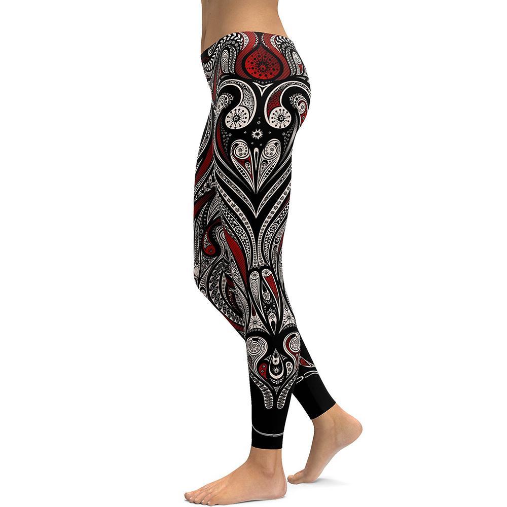 Red Rose Black Mandala Weave Yoga Workout Leggings 4XL