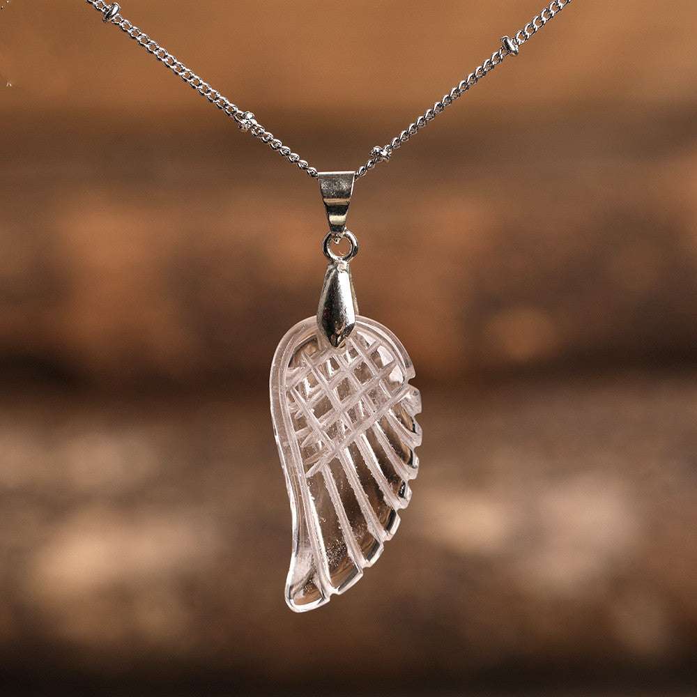 Quartz Crystal Angel Wing Pendant Necklace White Quartz