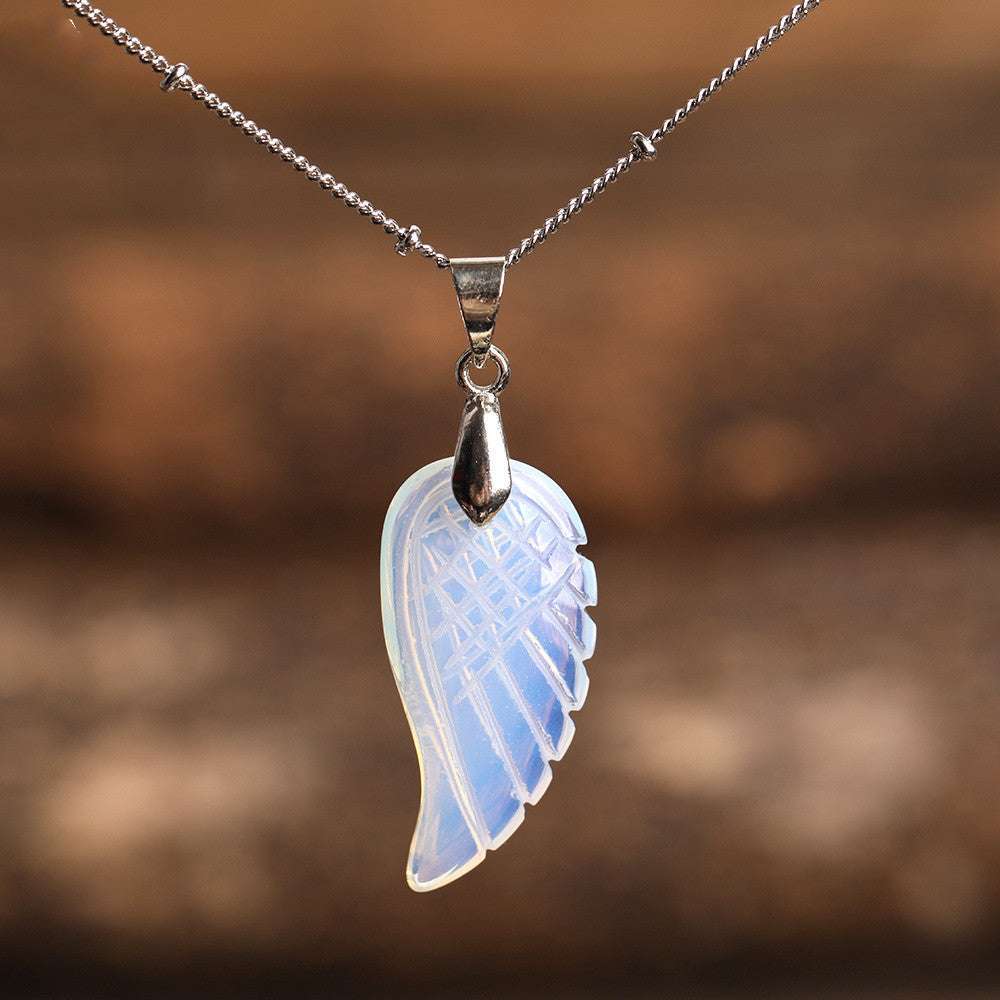 Quartz Crystal Angel Wing Pendant Necklace Opal