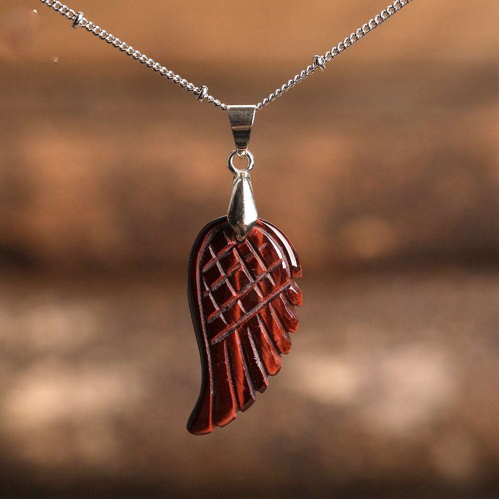 Quartz Crystal Angel Wing Pendant Necklace Red Tiger Eye