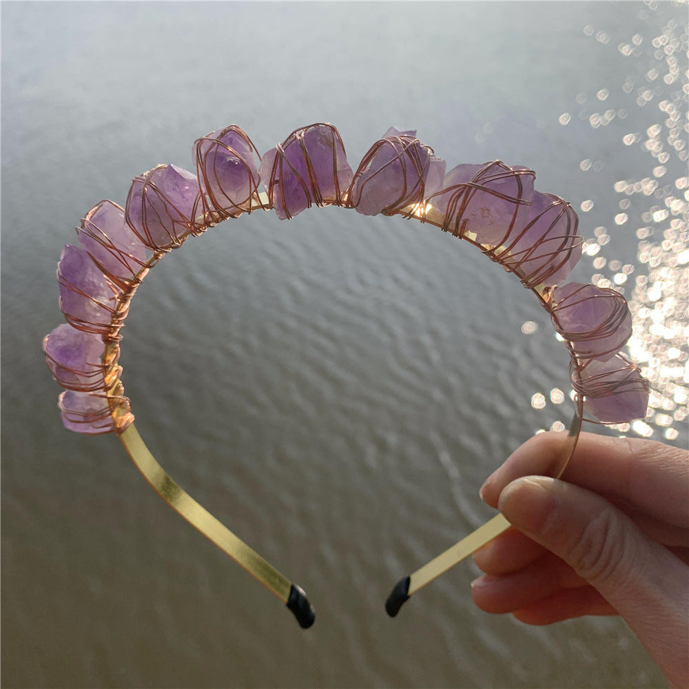 Natural Crystal Quartz Crown Born Amethyst Gemstone Wedding Headdress Rose gold thread