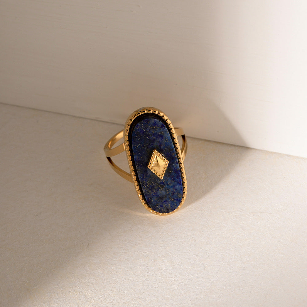 Elegant French Vintage Lapis Lazuli Titanium Steel Ring