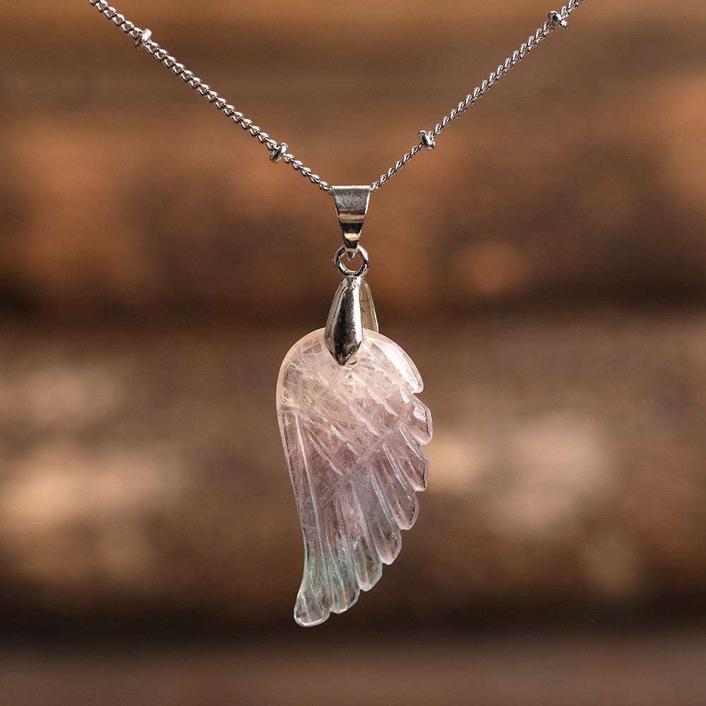 Quartz Crystal Angel Wing Pendant Necklace Fluorite Stone