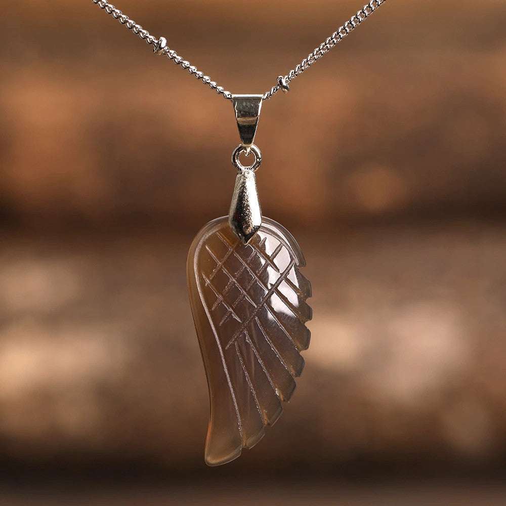 Quartz Crystal Angel Wing Pendant Necklace Smoky Quartz