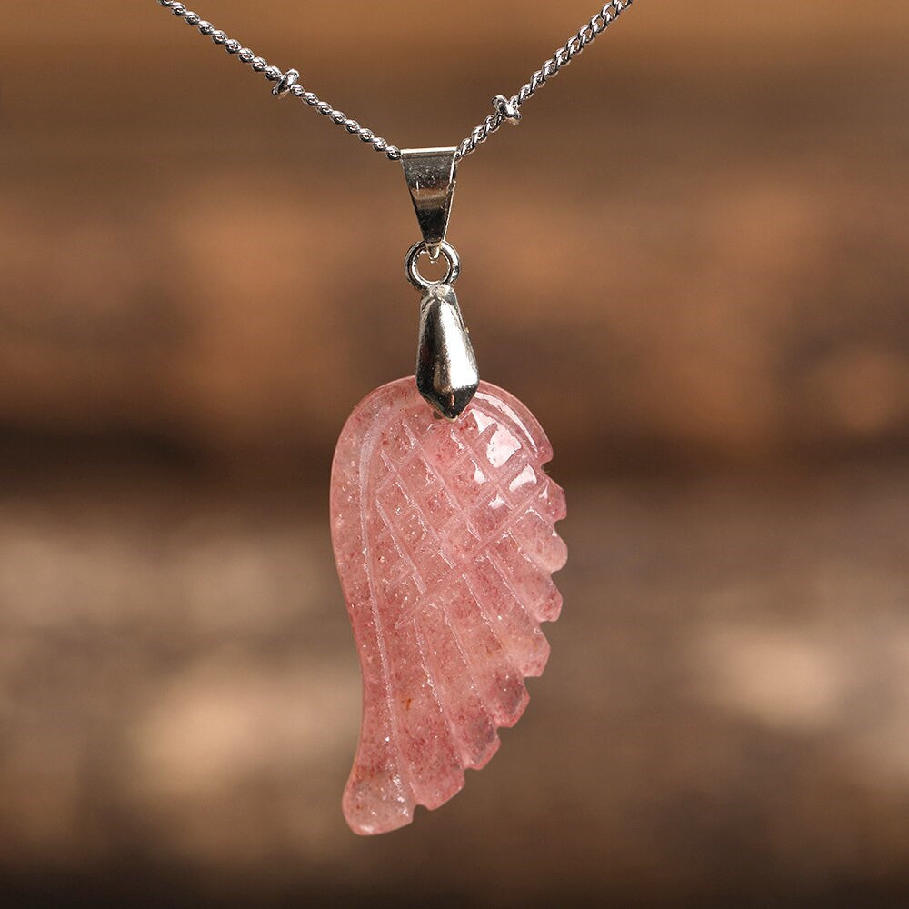 Quartz Crystal Angel Wing Pendant Necklace Strawberry Quartz