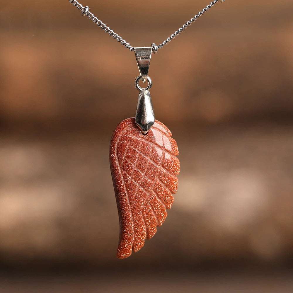 Quartz Crystal Angel Wing Pendant Necklace Red Goldstone