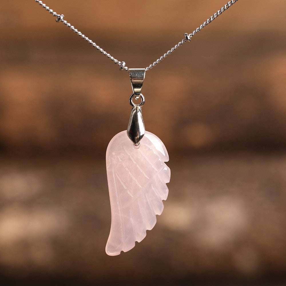 Quartz Crystal Angel Wing Pendant Necklace Rose Quartz