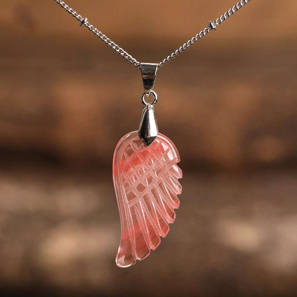 Quartz Crystal Angel Wing Pendant Necklace Watermelon Red