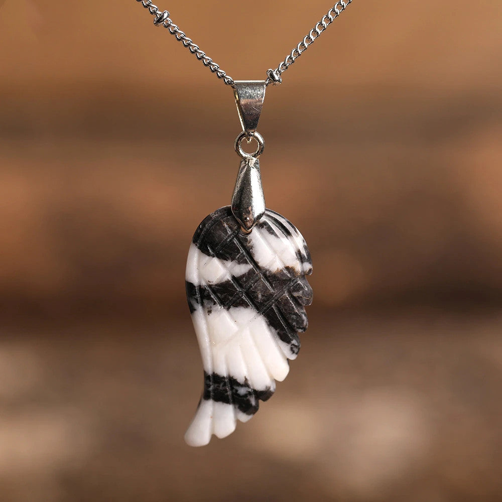 Quartz Crystal Angel Wing Pendant Necklace Black Zebra