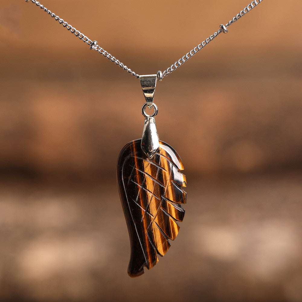 Quartz Crystal Angel Wing Pendant Necklace Tiger Eye