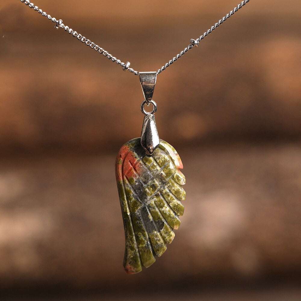 Quartz Crystal Angel Wing Pendant Necklace Unakite