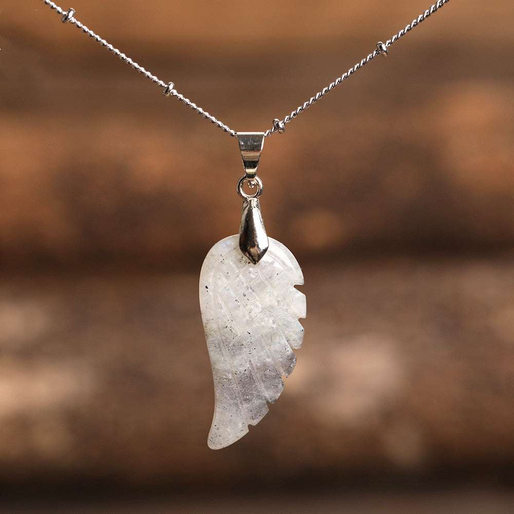 Quartz Crystal Angel Wing Pendant Necklace Labradorite